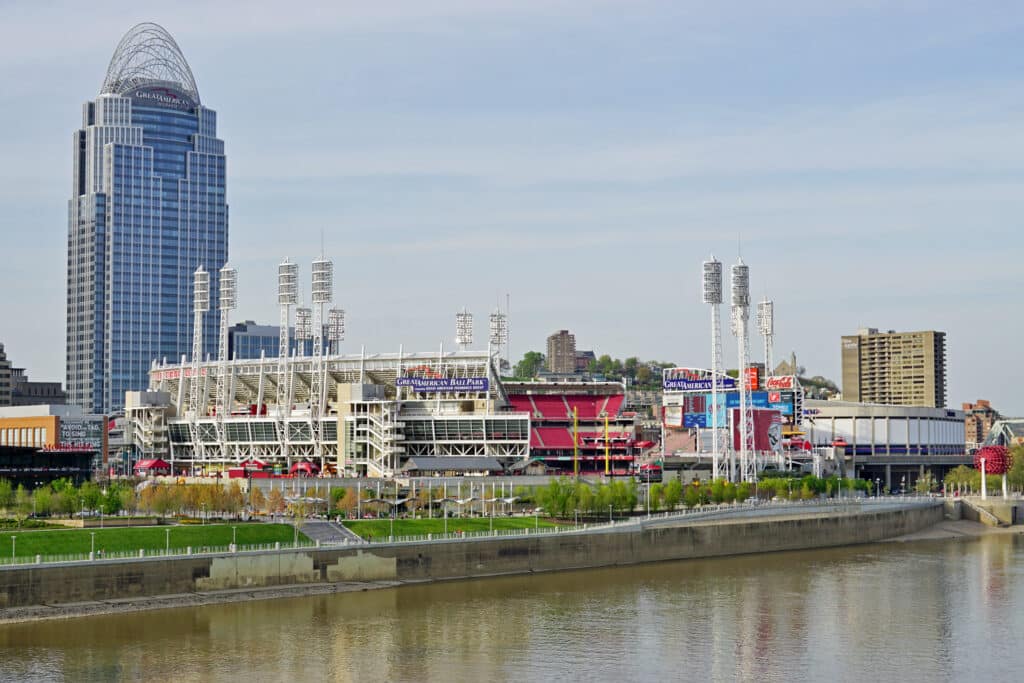 Downtown Cincinnati, OH skyline featuring Great American Ball Park along the Ohio River